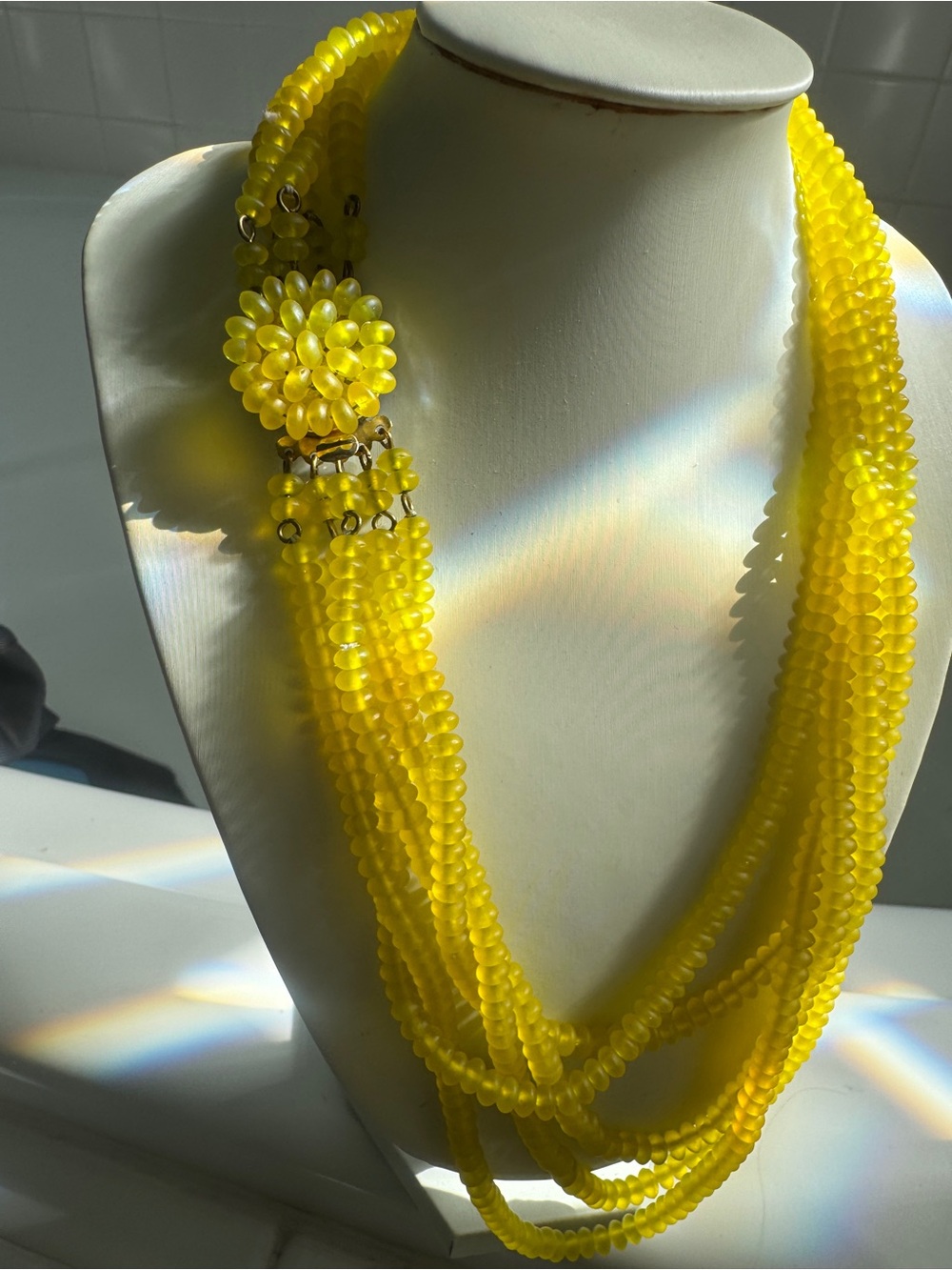 Yellow Multi-Strand Glass Satin Glass Beaded Necklace - vintage Clasp Jewelry